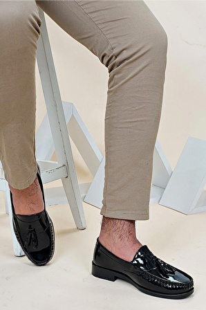 Corcik Siyah Rugan Püsküllü Klasik Erkek Kundura Ayakkabı