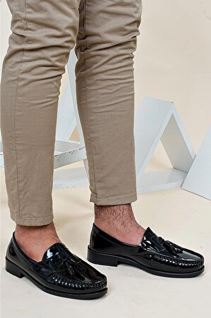 Corcik Siyah Rugan Püsküllü Klasik Erkek Kundura Ayakkabı