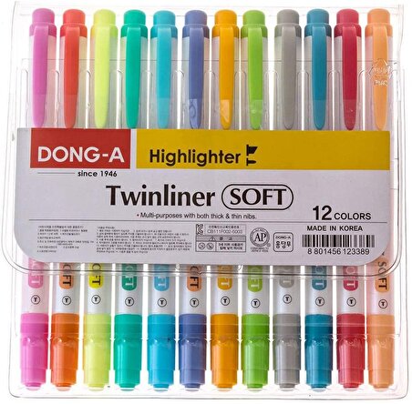 Dong-A Twinliner Soft 12 Renk Çift Taraflı Fosforlu Kalem Seti