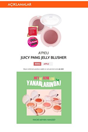 Meyve Tonlarında Doğal Görünümlü Jel Allık APIEU Juicy-Pang Jelly Blusher (RD01)