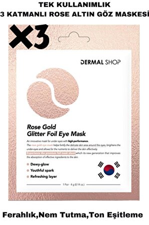 Dermal 3 ADET Tek Kullanımlık 3 Katmanlı Rose Altın Folyo Göz Maskesi