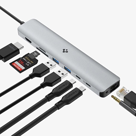 Spigen ArcDock 85W PD 3.0 / 9 in 1 USB-C Multi Hub / Çoklayıcı / Dönüştürücü Şarj Cihazı 9 Port / 4k 60hz / Ethernet 1Gbps / Macbook Space Gray PD2306