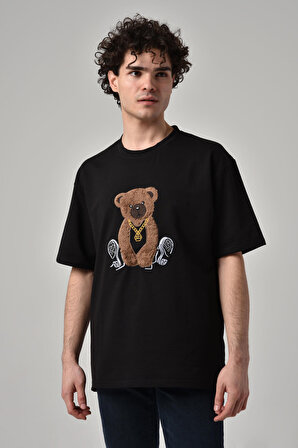 Erkek Ayı Nakışlı Oversize Kısa Kollu T-shirt