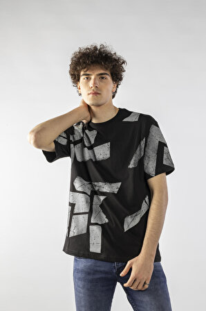 Erkek Geometri Baskılı Oversize Kısa Kollu T-Shirt