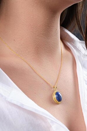 Sertifikalı Lapis Lazuli Doğal Taş Kadın Kolye 925 Ayar Gümüş Üzeri 14k Gerçek Altın Kaplama