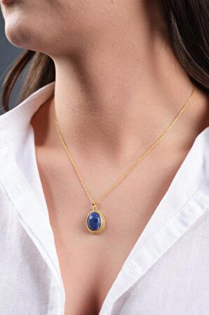 Sertifikalı Lapis Lazuli Doğal Taş Kadın Kolye 925 Ayar Gümüş Üzeri 14k Gerçek Altın Kaplama