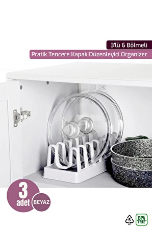 3'lü 6 Bölmeli Pratik Tencere Kapak Düzenleyici Organizer - Beyaz