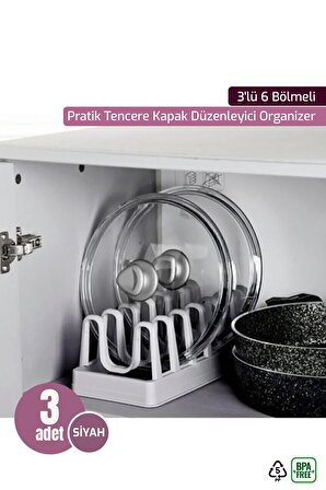 3'lü 6 Bölmeli Pratik Tencere Kapak Düzenleyici Organizer - Siyah