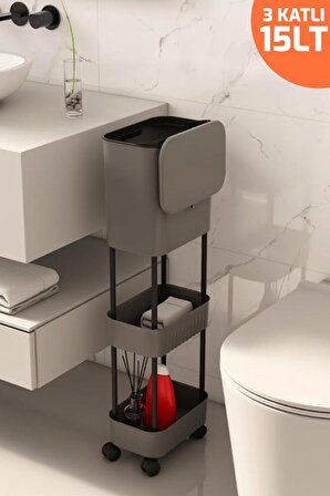Origa Çift Raf Üniteli Tekerlekli Fonksiyonel Kapaklı Banyo Ve Mutfak Çöp Kovası 15L- Antrasit