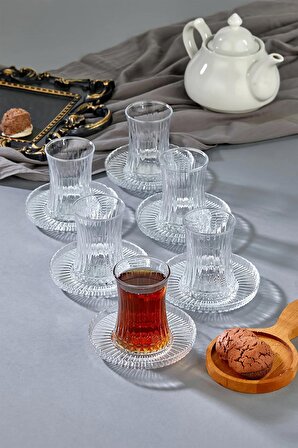 12 Parça Elysia Çay Bardağı ve Riva Çay Tabağı Seti - Şeffaf