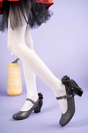 Topuklu Siyah Simli Kız Çocuk Ayakkabı