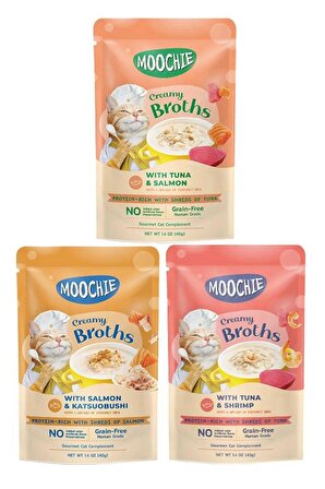 Moochie Creamy Broths Tahılsız Yetişkin Kedi Çorbası - Karışık  40 Gr x 6 Adet