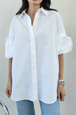 Kadın Beyaz Kolları Gül Detaylı Premium Gömlek