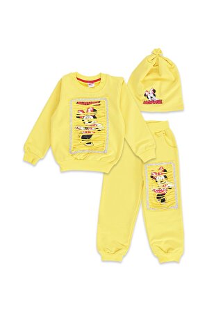 Kız Çocuk Sarı Minnie Mouse Lazer Kesim Eşofman Takımı
