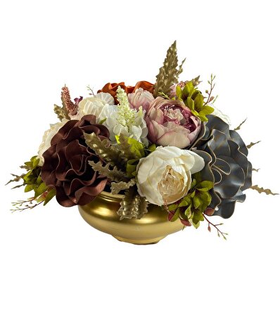 Yapay Çiçek Ve Latex Aranjmanı Top Ayaklı Yuvarlak Metal Gold Vazolu Masa Üstü Çiçeği Arajman 88892