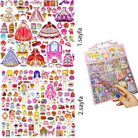 Çantalı Sticker Kabartmalı , İki Sayfalı Giydirme Sticker Seti, (WSY99 - 02) - 28X29 cm - Balo, Ayna, Anime Prenses Giydirme Kawai 