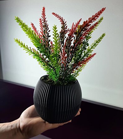 Saksıda Yapay Çiçek Kırmızı , Yeşil Lavanta Demeti Taş Yosunlu Mini Saksı Aranjman 25 cm