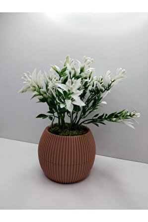 Mini Saksıda Yeşil Beyaz Yapay Bitki Garnitür Taş Yosunlu 17 Cm Dekoratif Banyo Mutfak Masa Çiçeği