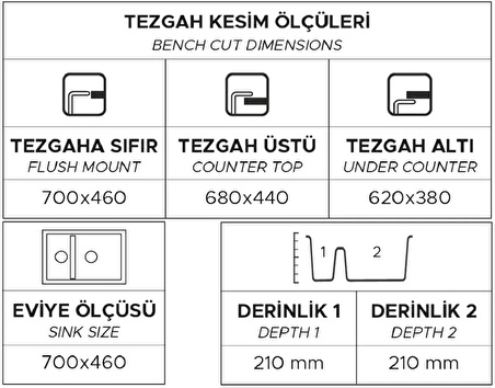 GRANİT EVİYE P018 PERGAMON SİYAH (70 X 46)