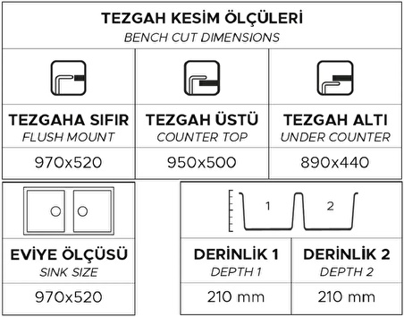 GRANİT EVİYE P019 NEMRUT 97 ANTRASİT (97 X 52)