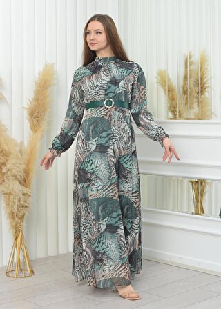 Leopar Desenli Komple Astarlı Şifon Elbise