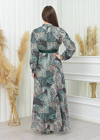 Leopar Desenli Komple Astarlı Şifon Elbise