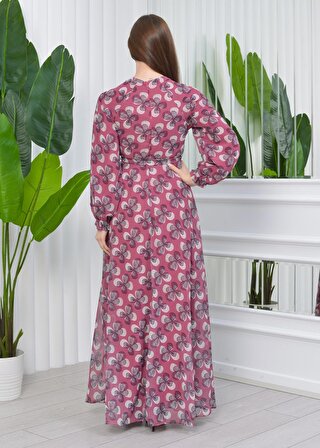 Desenli Komple Astarlı Şifon Elbise