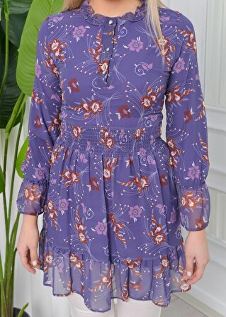 Fırfır Yaka Gipeli Fırfırlı Kısa Çıtır Desen Şifon Elbise
