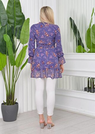 Fırfır Yaka Gipeli Fırfırlı Kısa Çıtır Desen Şifon Elbise