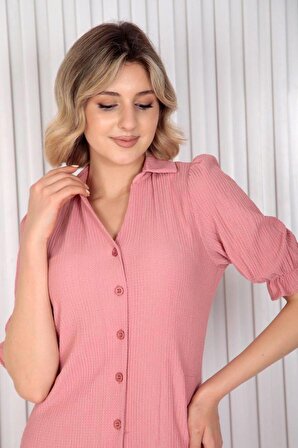 Gömlek Yaka Önü Düğmeli Yarım Kol Elbise Börümçük Kumaş