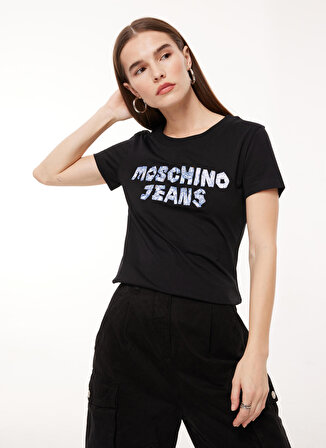 Moschino Jeans Bisiklet Yaka Baskılı Siyah Kadın T-Shirt A0701