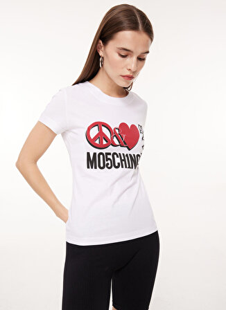 Moschino Jeans Bisiklet Yaka Baskılı Beyaz Kadın T-Shirt A0707
