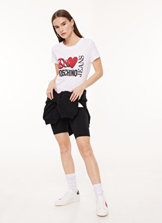 Moschino Jeans Bisiklet Yaka Baskılı Beyaz Kadın T-Shirt A0707