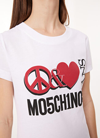 Moschino Jeans Bisiklet Yaka Baskılı Beyaz Kadın T-Shirt A0707