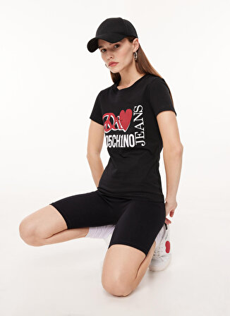 Moschino Jeans Bisiklet Yaka Baskılı Siyah Kadın T-Shirt A0707