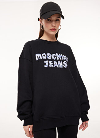 Moschino Jeans Bisiklet Yaka Baskılı Siyah Kadın Sweatshırt A1703