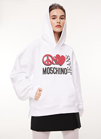 Moschino Jeans Kapüşon Yaka Baskılı Beyaz Kadın Sweatshırt A1710