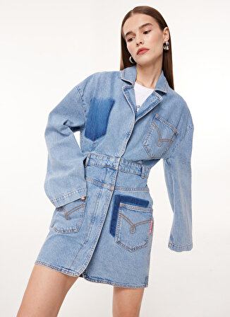 Moschino Jeans Gömlek Yaka Düz İndigo Kısa Kadın Elbise J0445