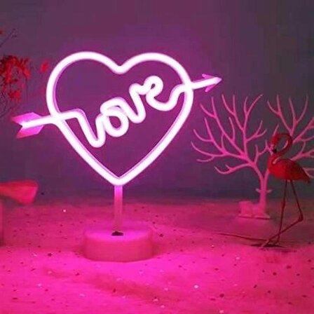 MyVirtus Kalpli Love Yazılı Dekoratif Neon Pilli Led Masa ve Gece Lambası