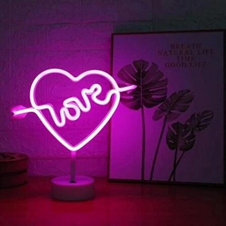 MyVirtus Kalpli Love Yazılı Dekoratif Neon Pilli Led Masa ve Gece Lambası