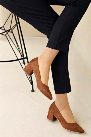 Kahve Süet Kadın Şık Günlük Rahat Kısa Topuklu Ayakkabı Topuk Boyu 5cm 