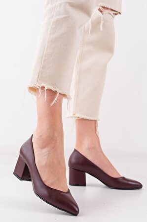Bordo Cilt Kadın Şık Günlük Rahat Kısa Topuklu Ayakkabı Topuk Boyu 5cm 