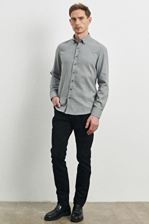 Erkek Açık Gri Slim Fit Dar Kesim Düğmeli Yaka Flanel Oduncu Gömlek
