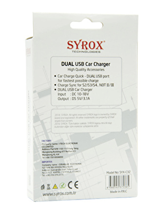 Syrox C32 Metal Araç İçi Şarj Adaptörü ve Micro USB Kablo Set 3.1A Füme