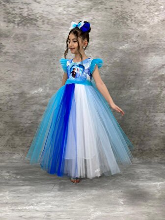 Uzun Etekli Pul Payetli Frozen Elsa Kostümü - Frozen Elbise - Mavi Elbise Kız Abiye