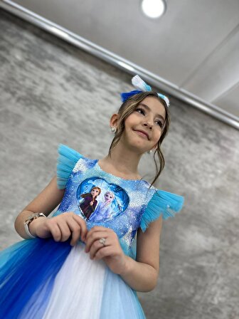 Uzun Etekli Pul Payetli Frozen Elsa Kostümü - Frozen Elbise - Mavi Elbise Kız Abiye