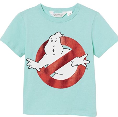 Kız Erkek Çocuk Turkuaz Renk Varak Baskı Ghost Busters Hayalet Avcıları  Kısa Kol T-Shirt Indigo Mavi