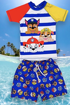 Erkek Çocuk PAW Patrol Baskılı Mavi - Sarı Beyaz T-shirt Şort Mayo Seti Üst Dalgıç Alt Paraşüt