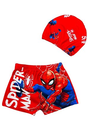 Erkek Çocuk Örümcek Adam Baskılı Spiderman Temalı Mayo Şort Bone 2 Li Set