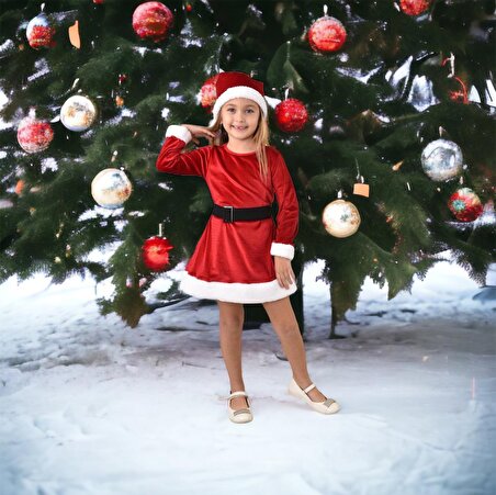 Yeni Sezon Yılbaşı Elbise Kukuleta Kemer 3 Parçalı Takım Noel Elbise Kırmızı Kadife